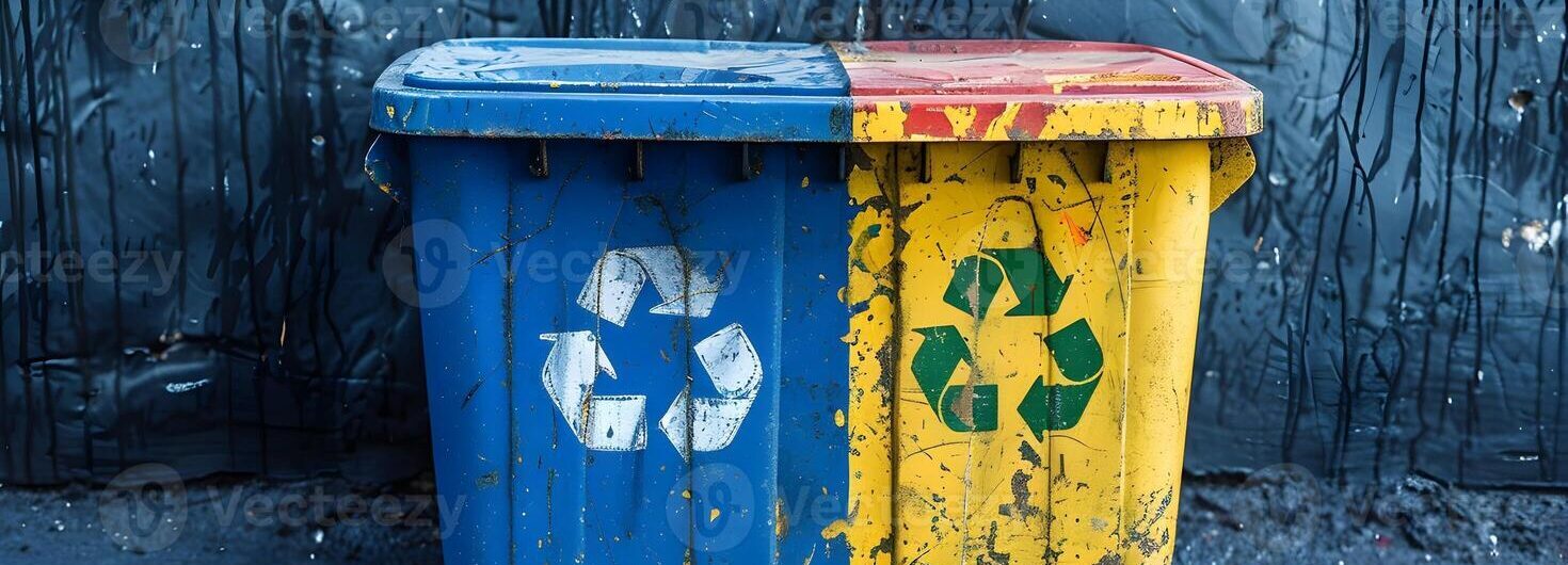 Blue And Yellow Recycling Bin With Recycle Logo Photo